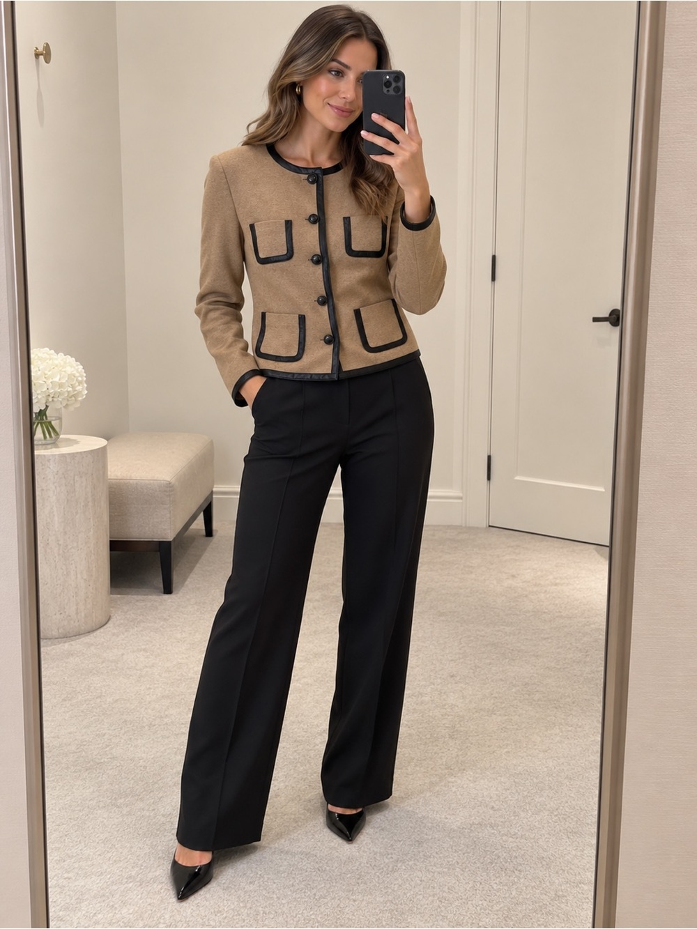 Trina Turk tan sweater jacket with black leather trim & black buttons size 6